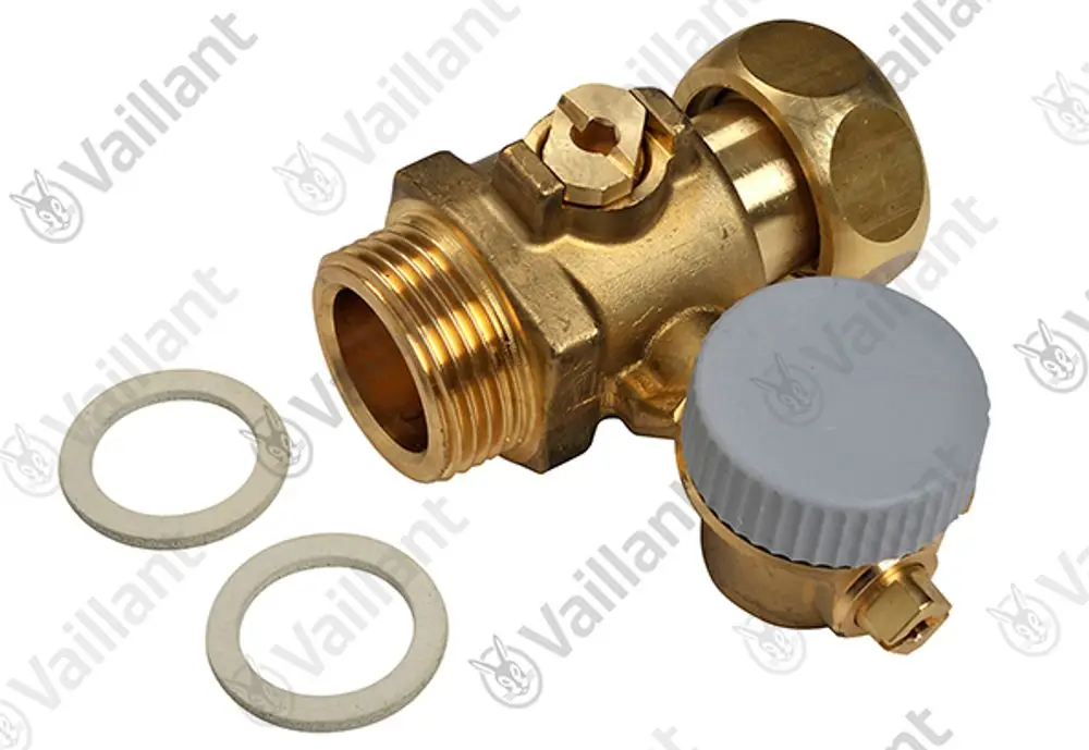 Vaillant Wartungshahn aus Messing mit seitlichem Anschluss, zwei Dichtungen und grauem Kunststoffdeckel, geeignet für Wasserinstallationen.